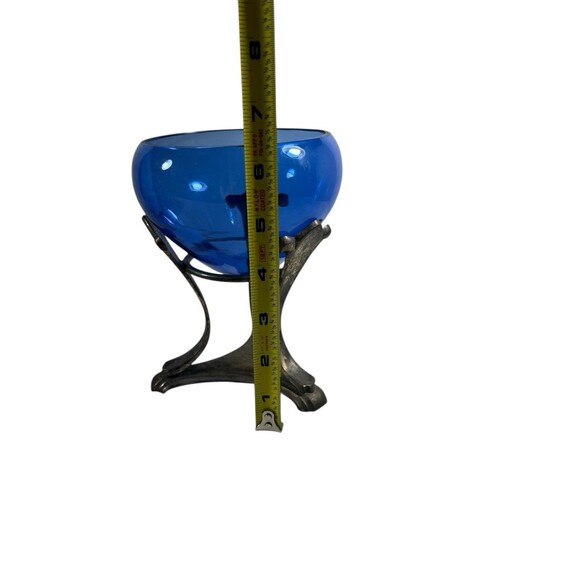 VTG Cobalt Blue Glass Pedestal Compote Apothecary Jar Hand Blown Silver Overlay - Picture 4 of 16